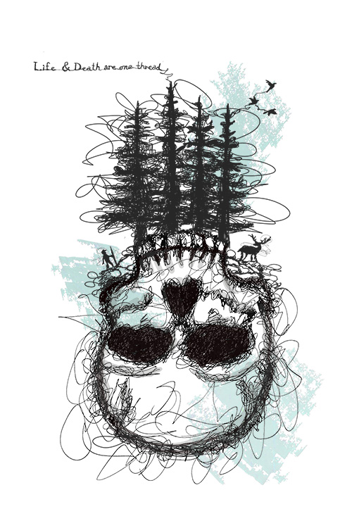 Artistic sketch of skull with forest trees growing from top, deer silhouettes, handwritten Life & Death are one thread text