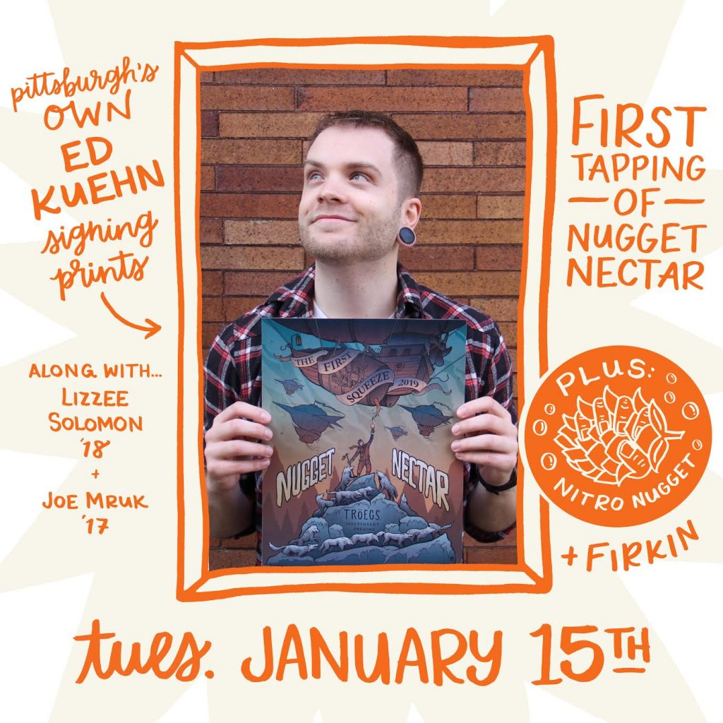 Ed Kuehn holds Nugget Nectar beer poster at first tapping event announcement for January 15th at Troegs Brewery