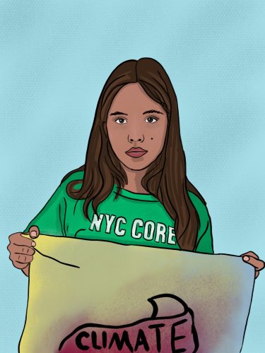 Young woman in green NYC Core sweatshirt holding climate protest sign with blue background