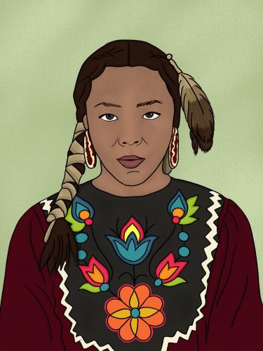 Native American woman in traditional floral beaded dress with feathers and braided hair against green background