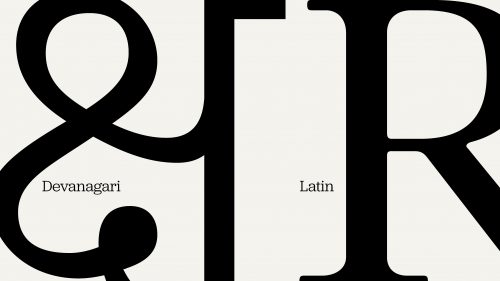 Devanagari and Latin script typography comparison showing large letterforms with script names labeled below