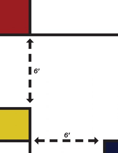 Floor plan diagram showing 6-foot spacing measurements between colored room sections with directional arrows