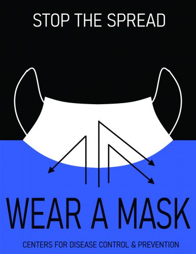 CDC public health poster showing white face mask with arrows indicating droplet protection, text Stop the Spread Wear a Mask