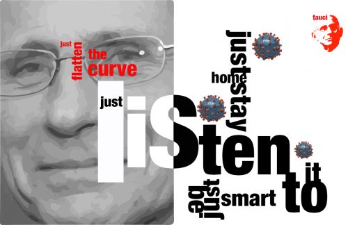 Dr. Fauci portrait with COVID-19 virus imagery and phrases flatten the curve, listen, just stay home, and be smart
