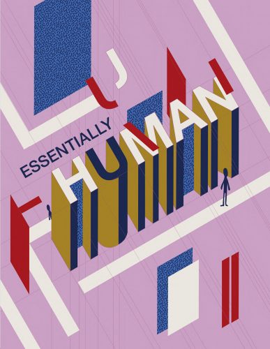 Isometric illustration showing ESSENTIALLY HUMAN text in 3D letters with geometric shapes and small figures on pink background