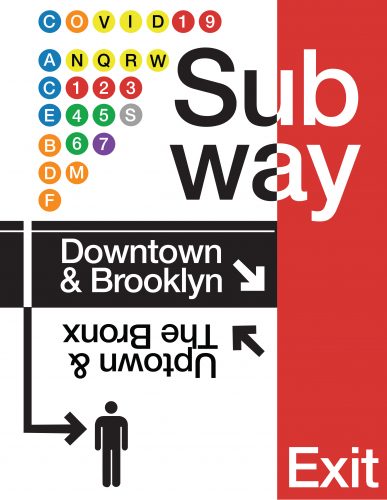 NYC subway sign showing COVID-19 safety measures with colored train line circles and Downtown & Brooklyn direction arrows