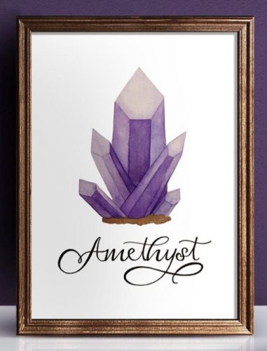 Framed watercolor amethyst crystal artwork with elegant calligraphy text in gold frame on white background