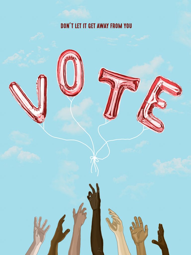 Diverse hands reaching up toward red VOTE balloons in sky with Don't let it get away from you text above