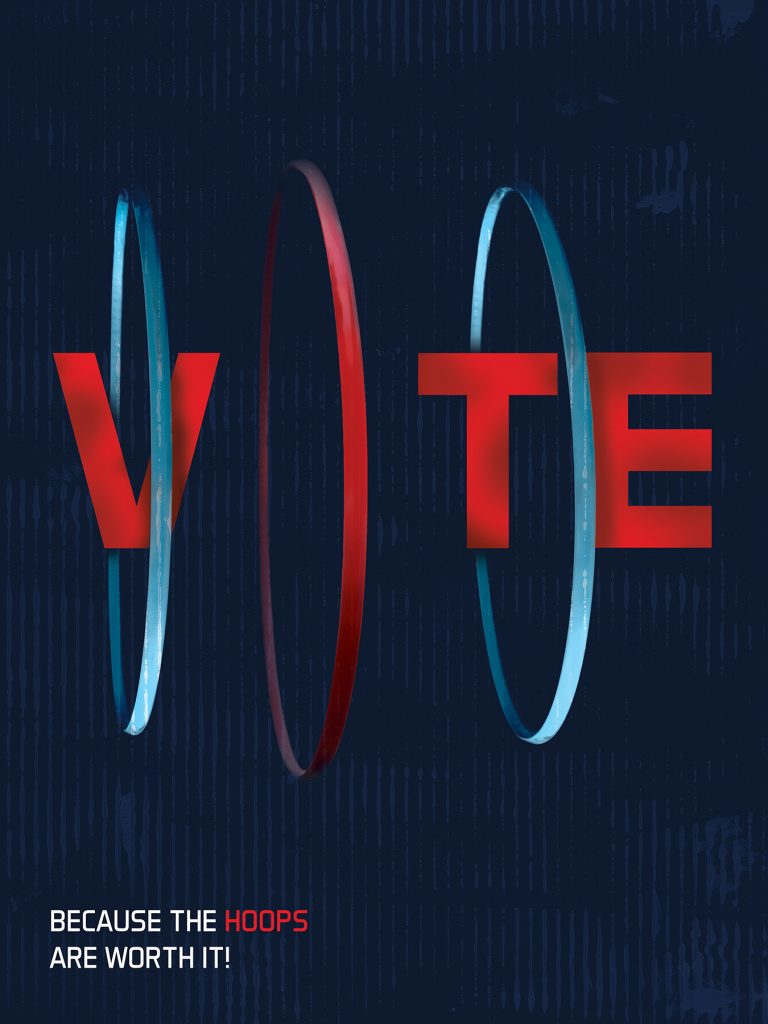 Vote campaign poster with red text and blue basketball hoops on dark background encouraging civic participation