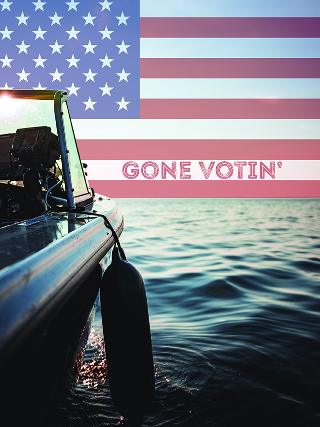 American flag overlay on boat at sunset with Gone Votin' text - patriotic voting encouragement image
