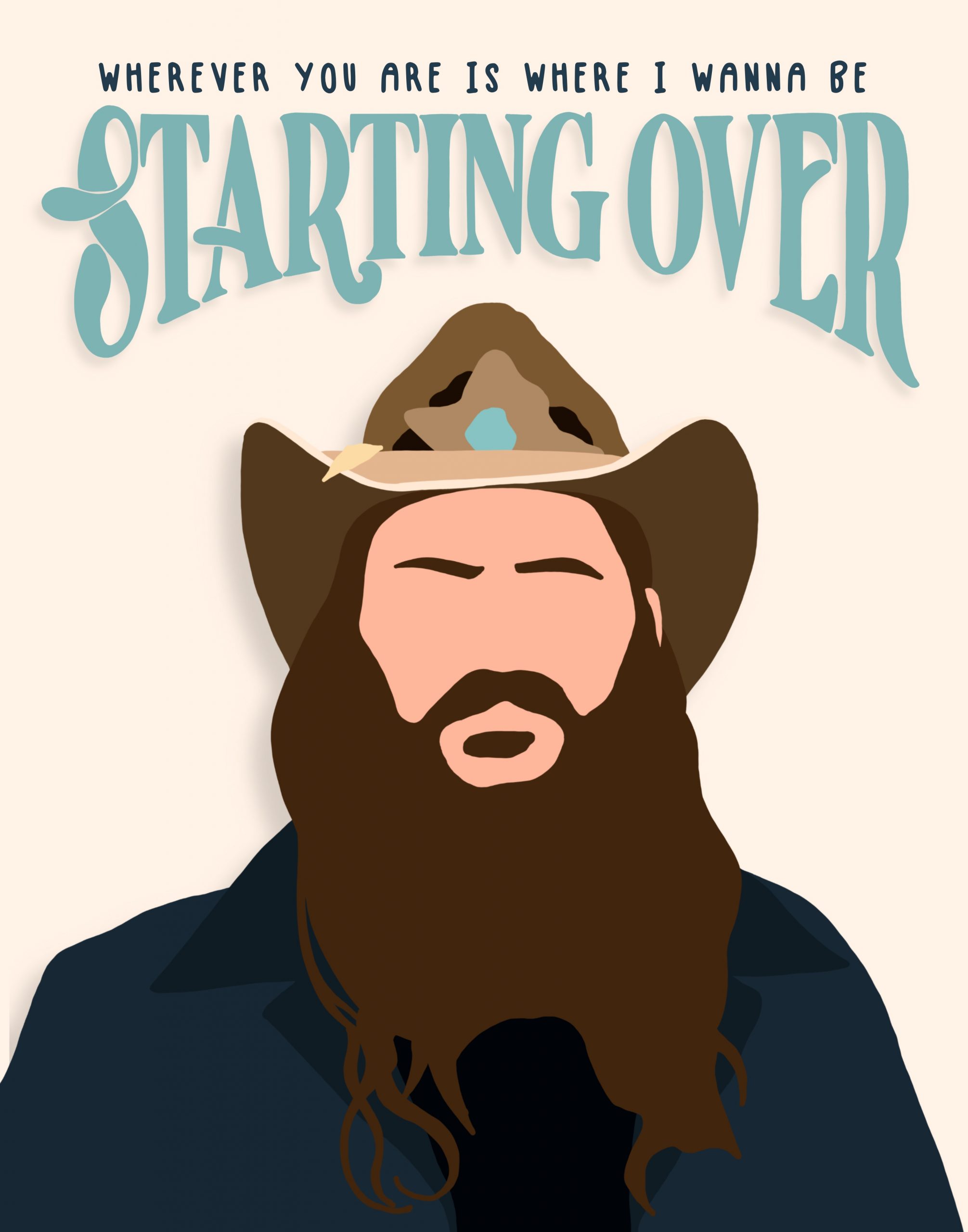 Chris Stapleton illustration with cowboy hat and beard, featuring Starting Over song lyrics in stylized text