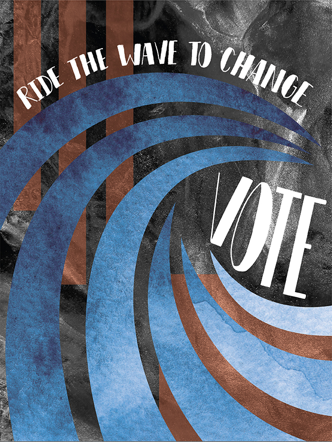 Vote poster with blue wave design and Ride the Wave to Change text encouraging civic participation