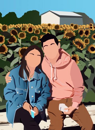 Couple sitting together in sunflower field with barn in background, romantic outdoor setting illustration