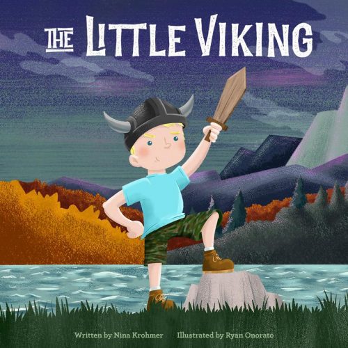 The Little Viking children's book cover showing a young boy in horned helmet holding a sword by a Nordic landscape