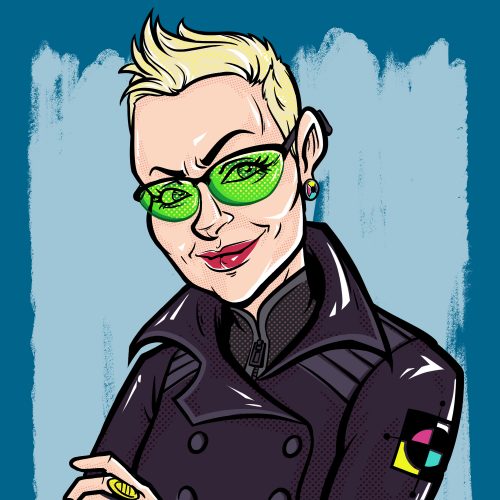 Cartoon illustration of blonde person in purple coat wearing green sunglasses in comic book pop art style