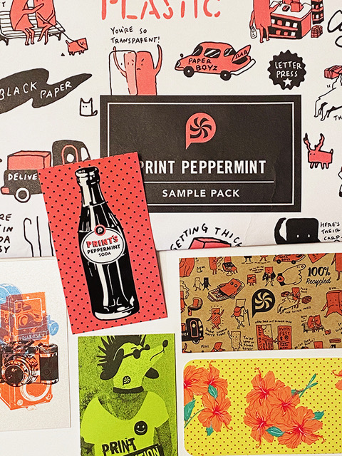 Print Peppermint sample pack with various colorful design materials including cards, patterns, and promotional items