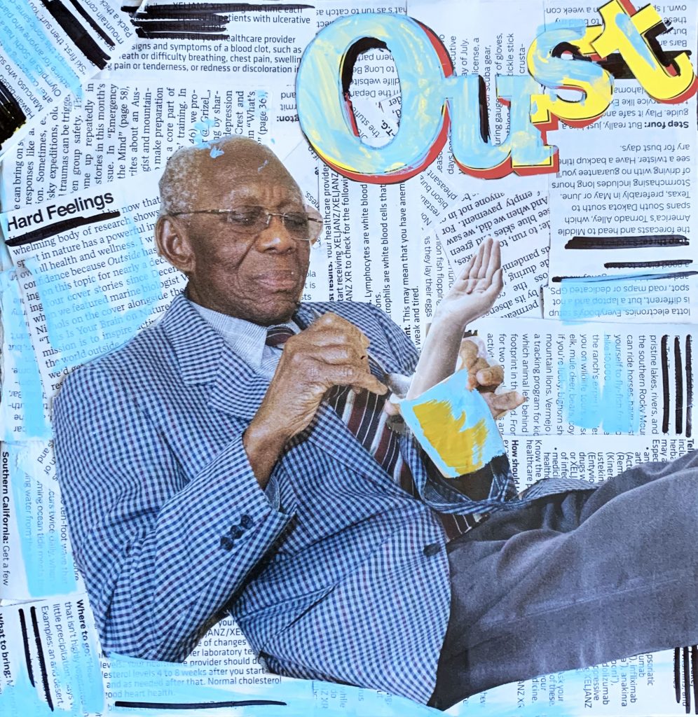 Elderly man in checkered shirt gesturing with hands, surrounded by colorful collage of health-related text and graphics.