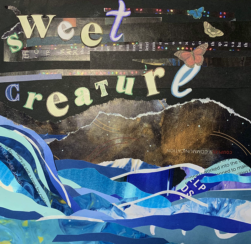 Sweet creature collage artwork with butterflies, torn paper waves, and mixed media elements in blues and earth tones