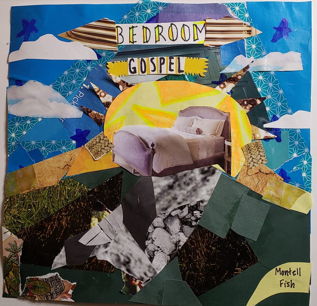 Colorful collage artwork featuring bedroom and gospel themes with bed, sun rays, clouds, and mixed media elements