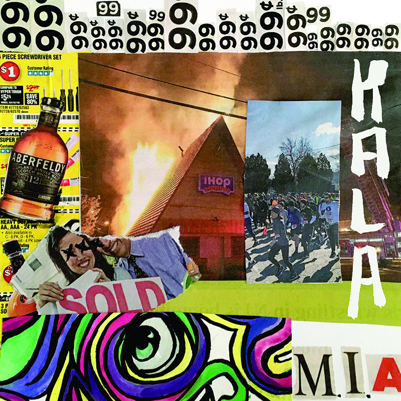 Collage artwork featuring whiskey bottle, IHOP restaurant, crowd scene, and colorful psychedelic elements with text overlay