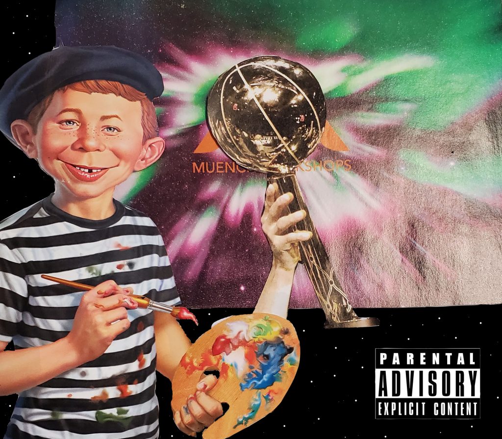 Young artist in striped shirt and beret holding paintbrush and palette with colorful aurora borealis background