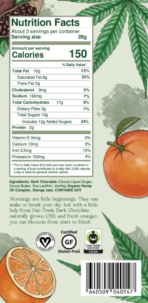 Nutrition facts label for dark chocolate with hemp oil and orange zest showing 150 calories per 29g serving