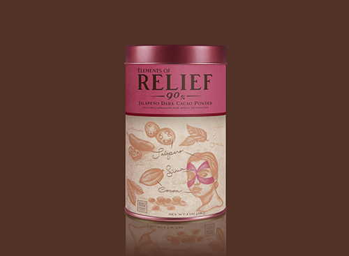 Elements of Relief herbal tea tin with floral design and brown background for stress relief and relaxation