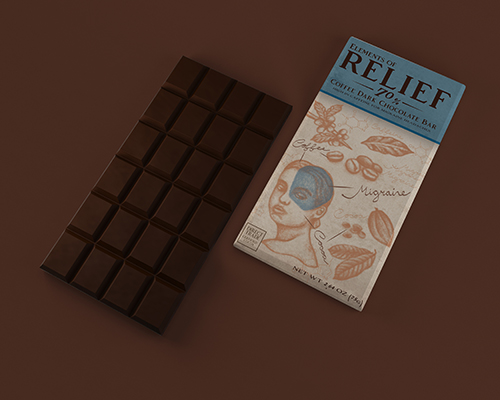Relief CBD chocolate bar with packaging featuring cocoa bean design on brown background