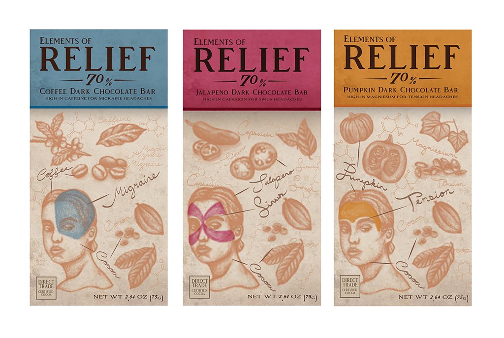 Elements of Relief 70% dark chocolate bars in coffee, jalapeño, and pumpkin flavors for headache relief