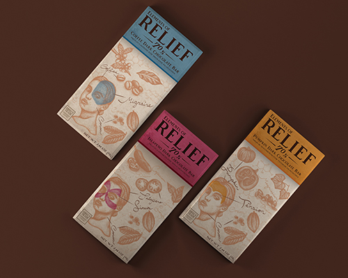 Three Relief chocolate bars with colorful packaging featuring botanical illustrations on brown background