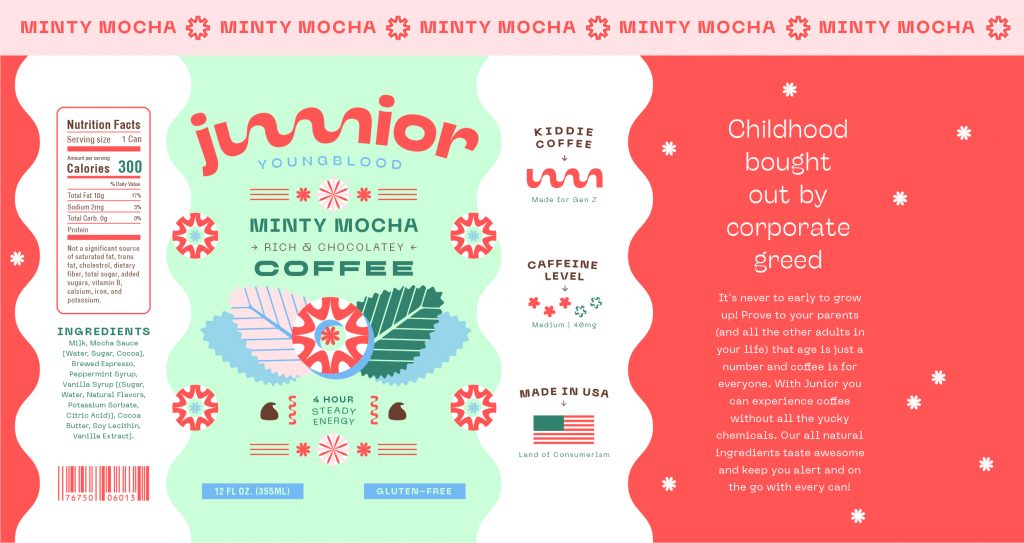 Junior Youngblood Minty Mocha coffee can with nutrition facts and ingredients for kids - gluten-free, made in USA