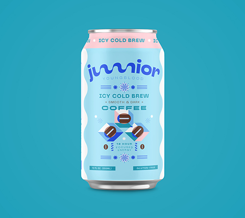 Junior cold brew coffee can with playful branding and colorful design on turquoise background