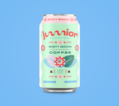 Jvnior Soundcloud Minty Mocha green energy drink can with tropical leaf design on blue background