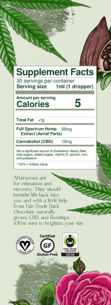 Supplement Facts label for CBD tincture with hemp leaves, showing 10mg CBD per 1ml serving, vegan and gluten-free certified