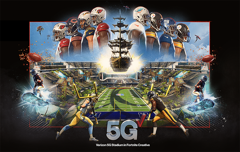 NFL teams face off in Verizon 5G Stadium with pirate ship backdrop in Fortnite Creative virtual football experience