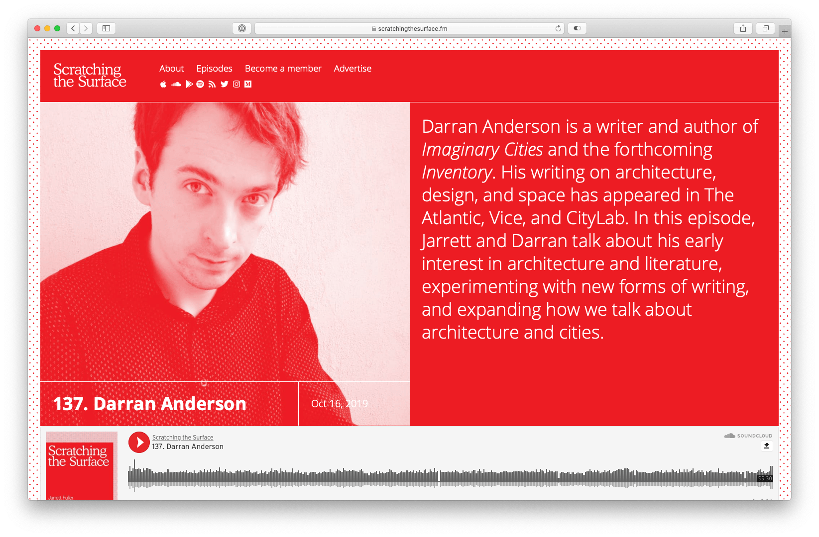 Scratching the Surface podcast episode 137 featuring writer Darran Anderson, with red-tinted portrait and audio player interface.