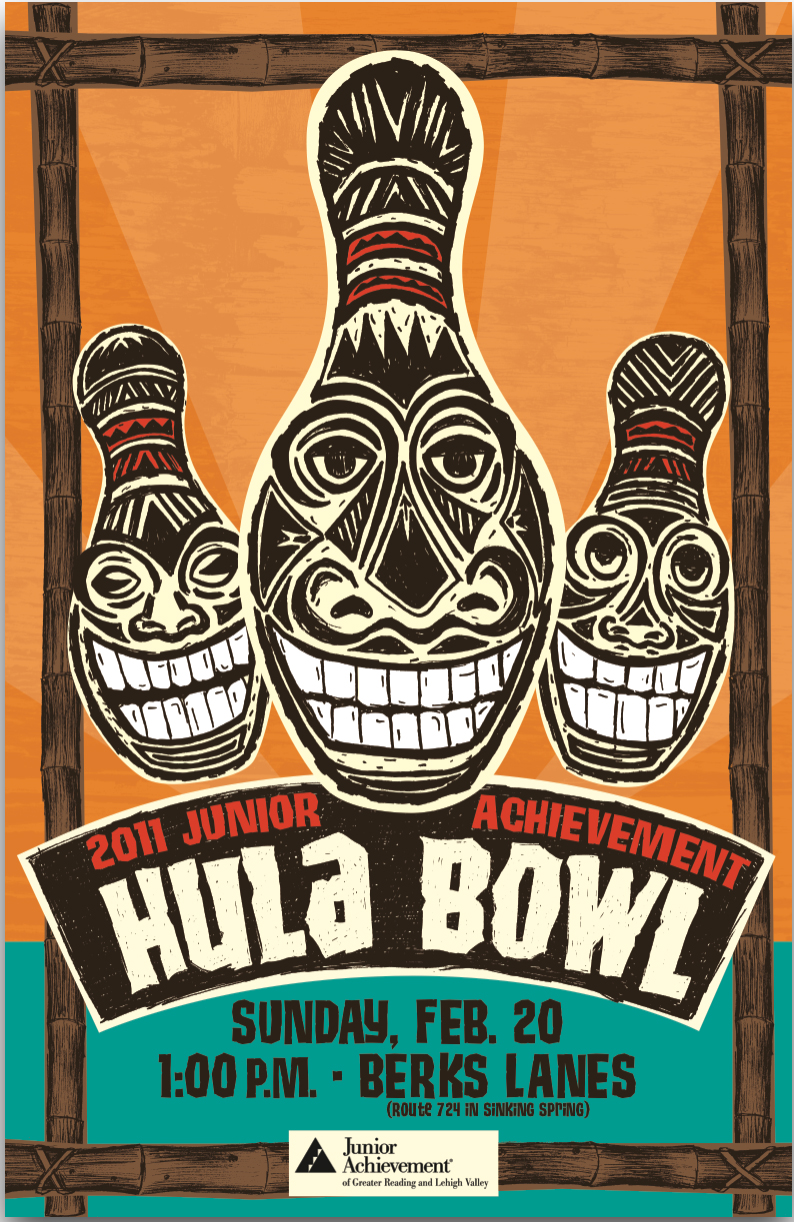jagrlv_poster 2011 Junior Achievement Hula Bowl poster featuring three tiki masks with bamboo frame for Sunday Feb 20 at Berks Lanes