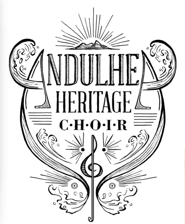 logo Ndulhe Heritage Choir logo with ornate decorative flourishes, musical note, and radiating sunburst design in black and white