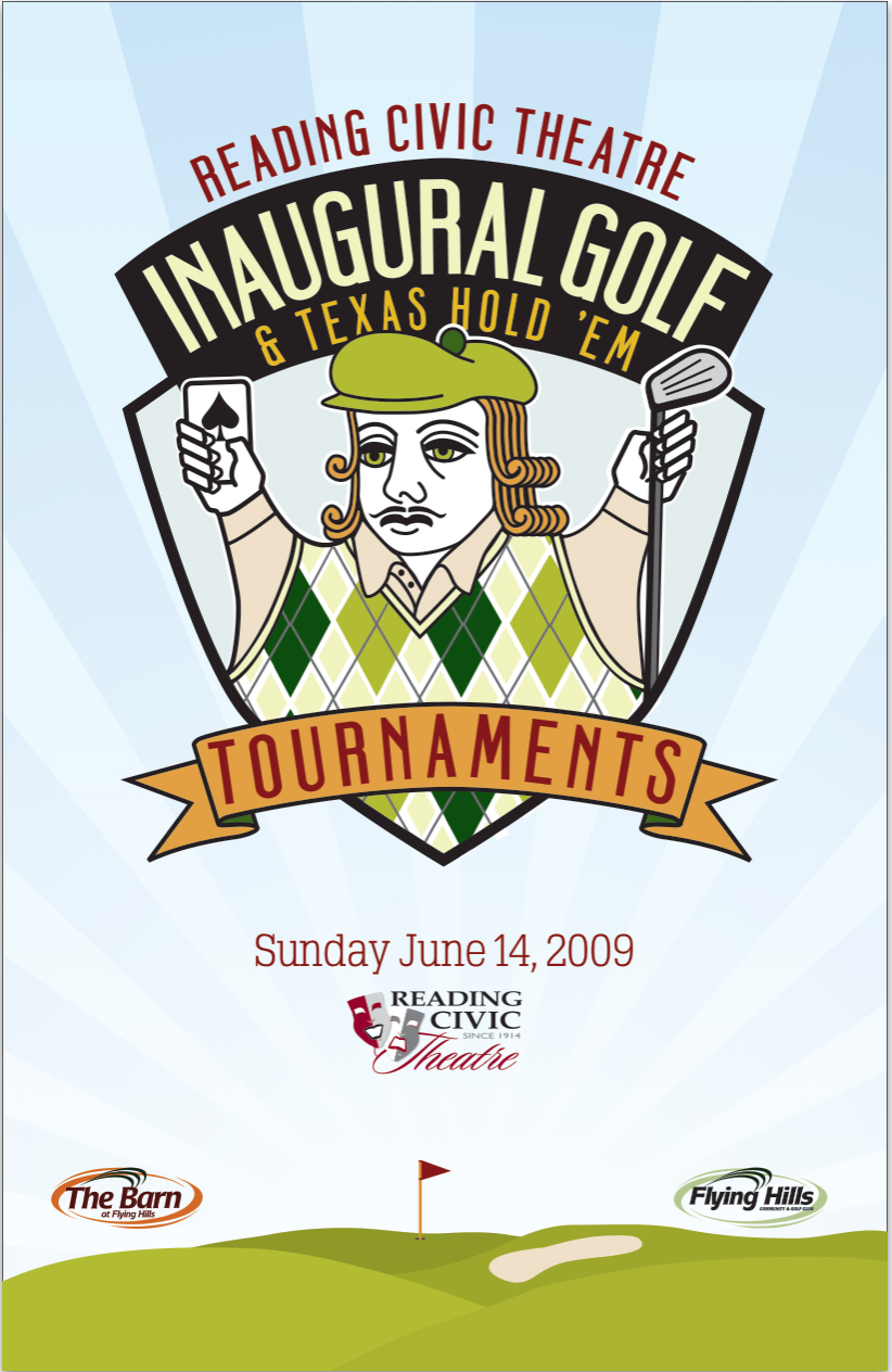 rct_poster Reading Civic Theatre Inaugural Golf & Texas Hold 'Em Tournament poster featuring golfer logo, June 14 2009
