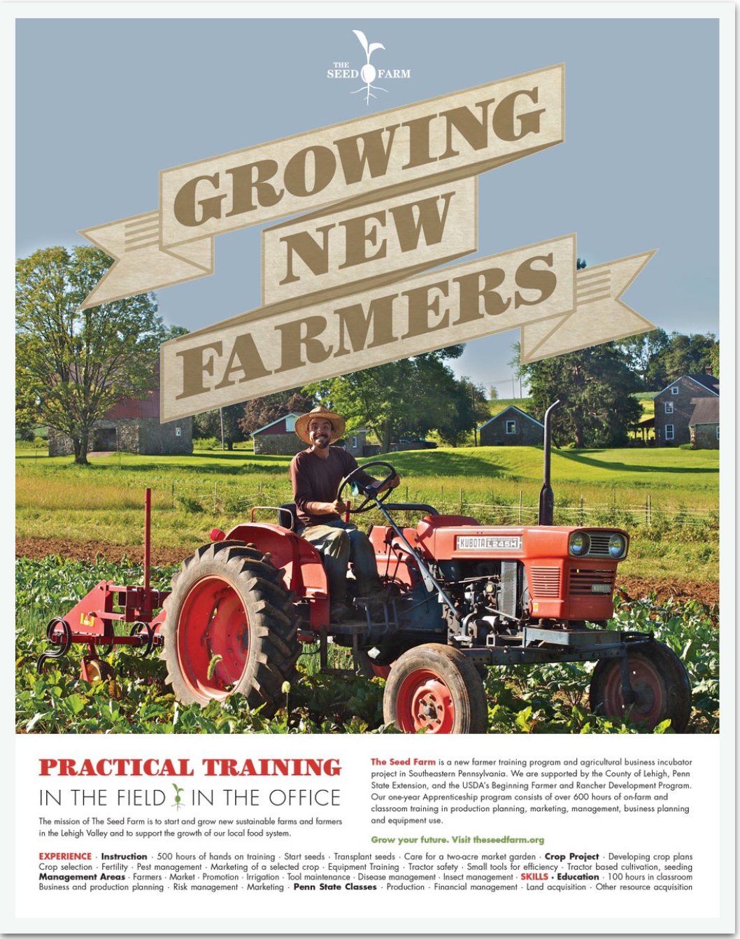 seed_farm_poster3 Farmer on red tractor in field with Growing New Farmers banner - The Seed Farm agricultural training program
