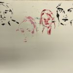 Abstract portrait artwork featuring five faces rendered in black and red ink on cream paper in expressive style