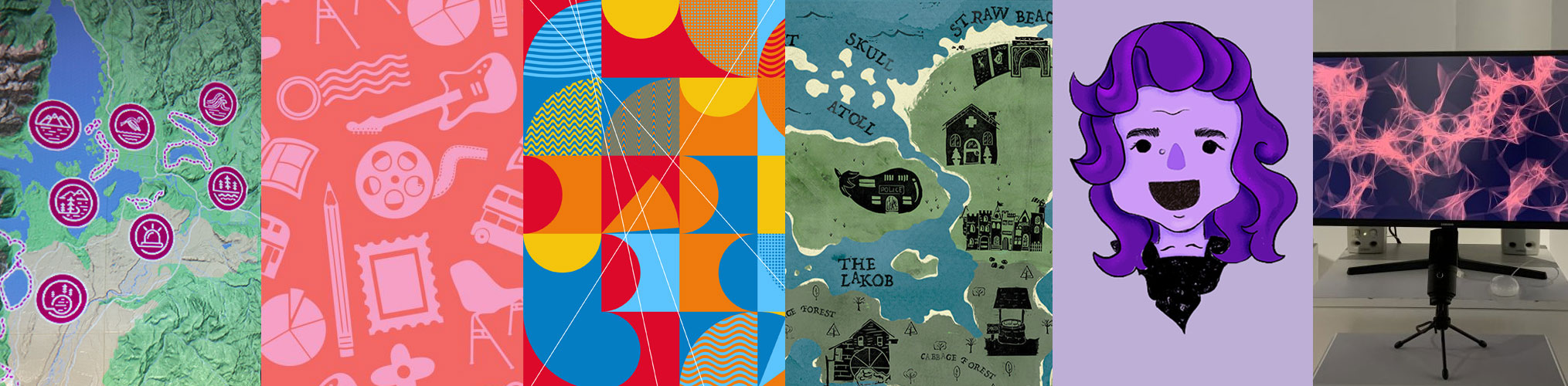 Colorful collage of digital design elements including maps, icons, geometric patterns, fantasy map, character art, and workspace
