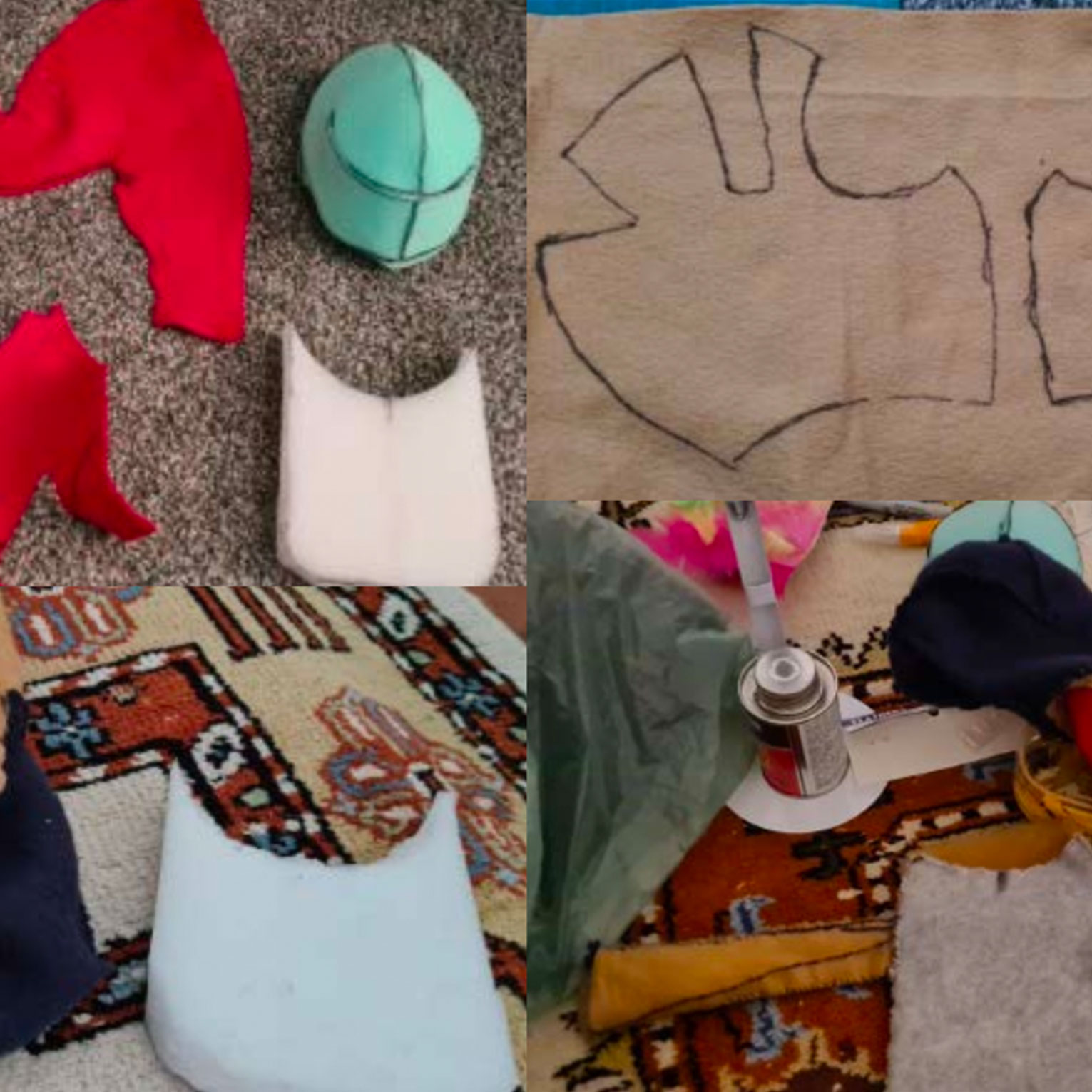 DIY foam hat tutorial showing cut foam pieces, cardboard template, and sewing machine assembly steps for cosplay costume