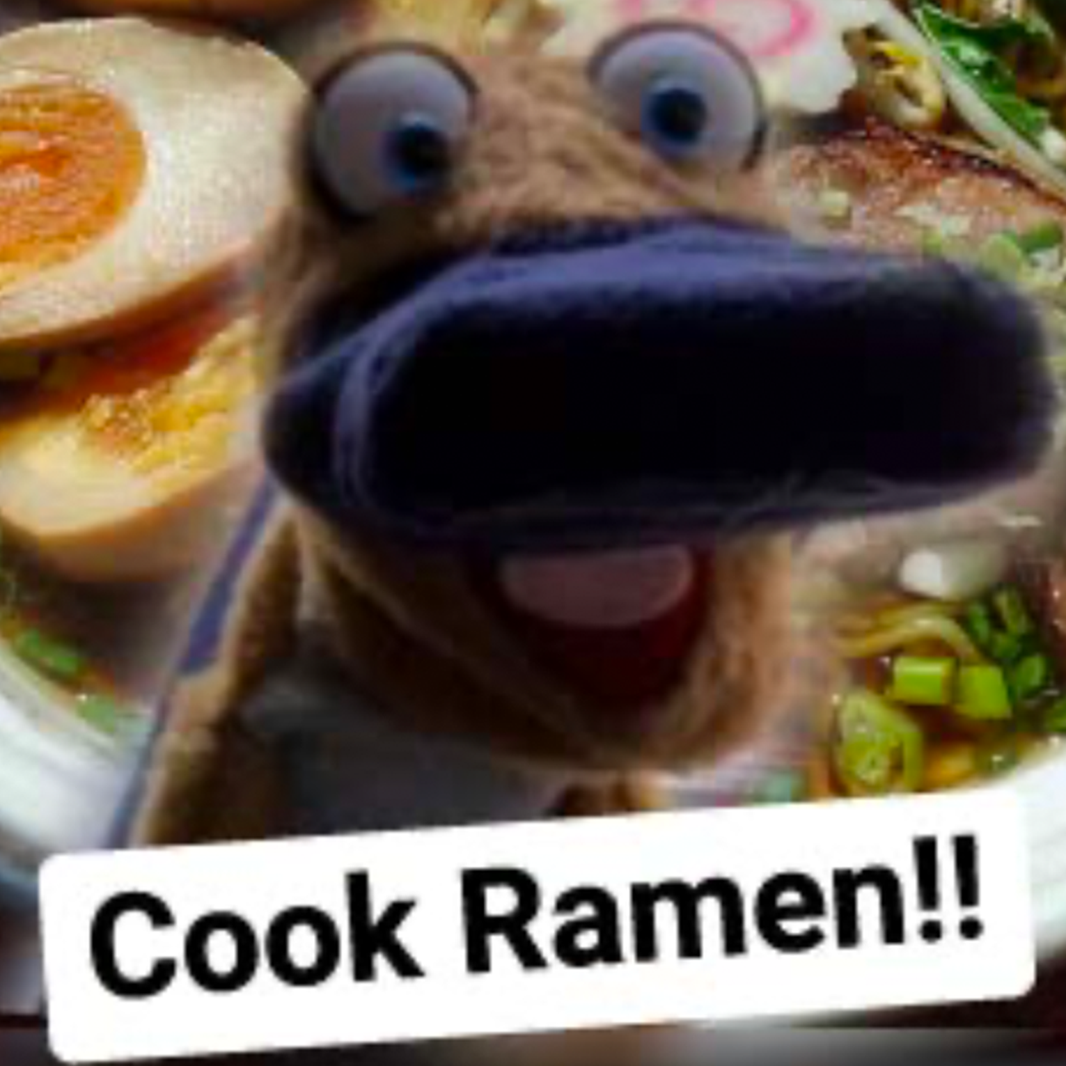 Funny ramen bowl with googly eyes and open mouth saying Cook Ramen!! with hard-boiled egg and green onions visible
