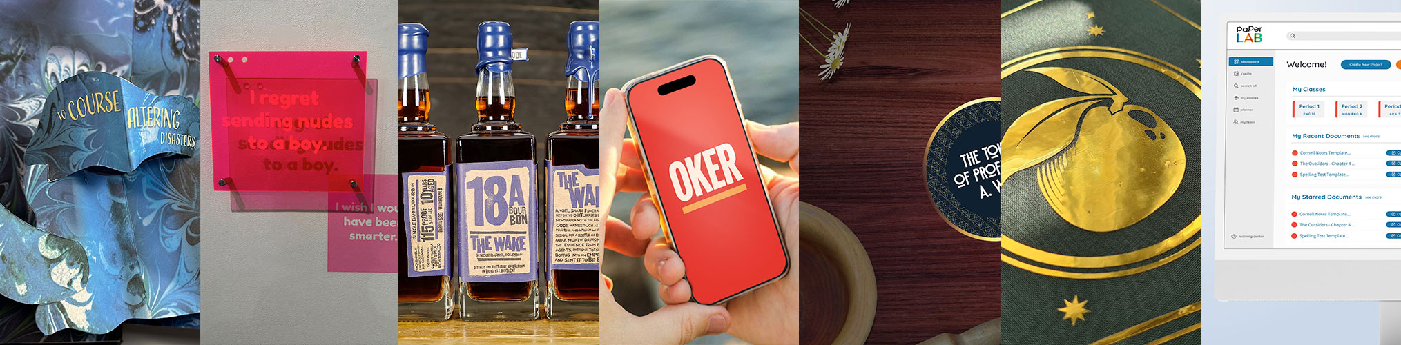 Collage of design projects including book covers, branding materials, whiskey bottles, mobile app, and logos showcase