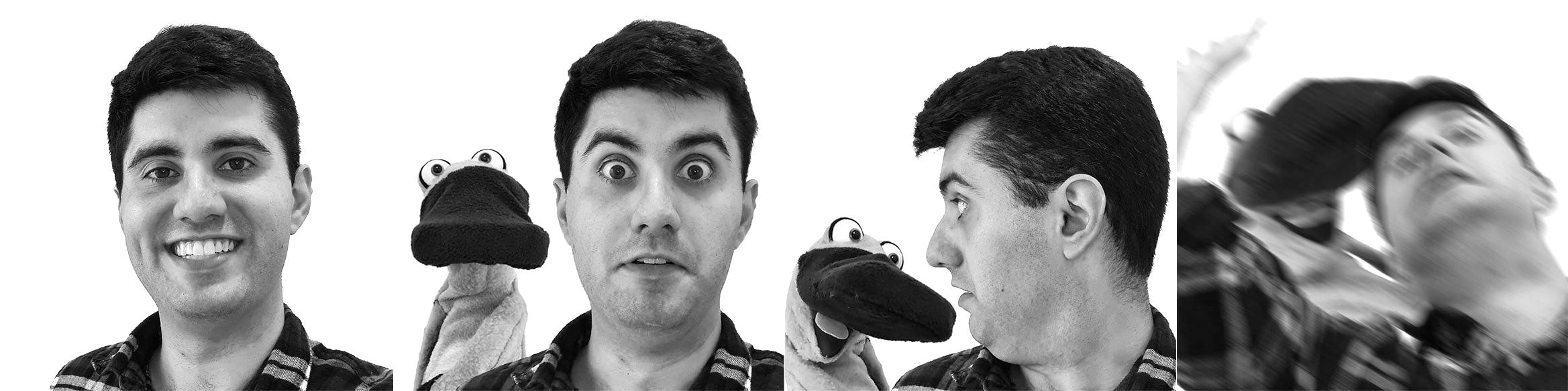 Young man with Cookie Monster puppet showing different expressions in black and white photo sequence