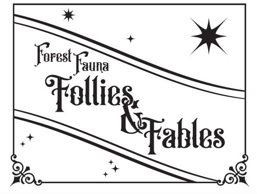 Forest Fauna Follies & Fables vintage-style book cover design with decorative stars and ornamental corner flourishes