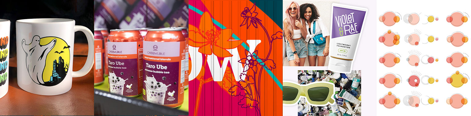 Collage of lifestyle products including Halloween mug, taro bubble tea, colorful floral art, sunglasses, and makeup palette