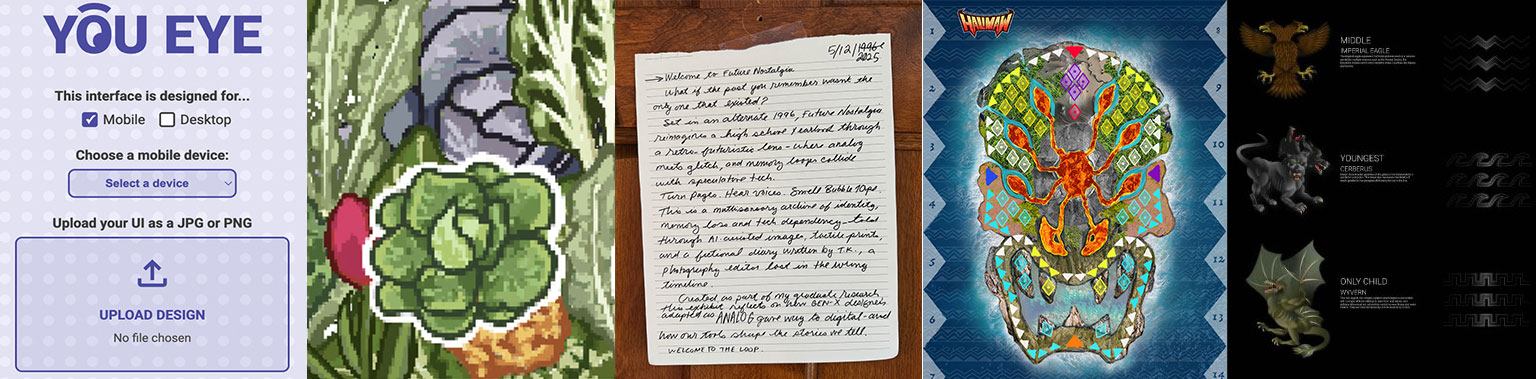 YouEye mobile UI testing interface with pixel art cactus, handwritten note, colorful digital art, and dark gaming graphics
