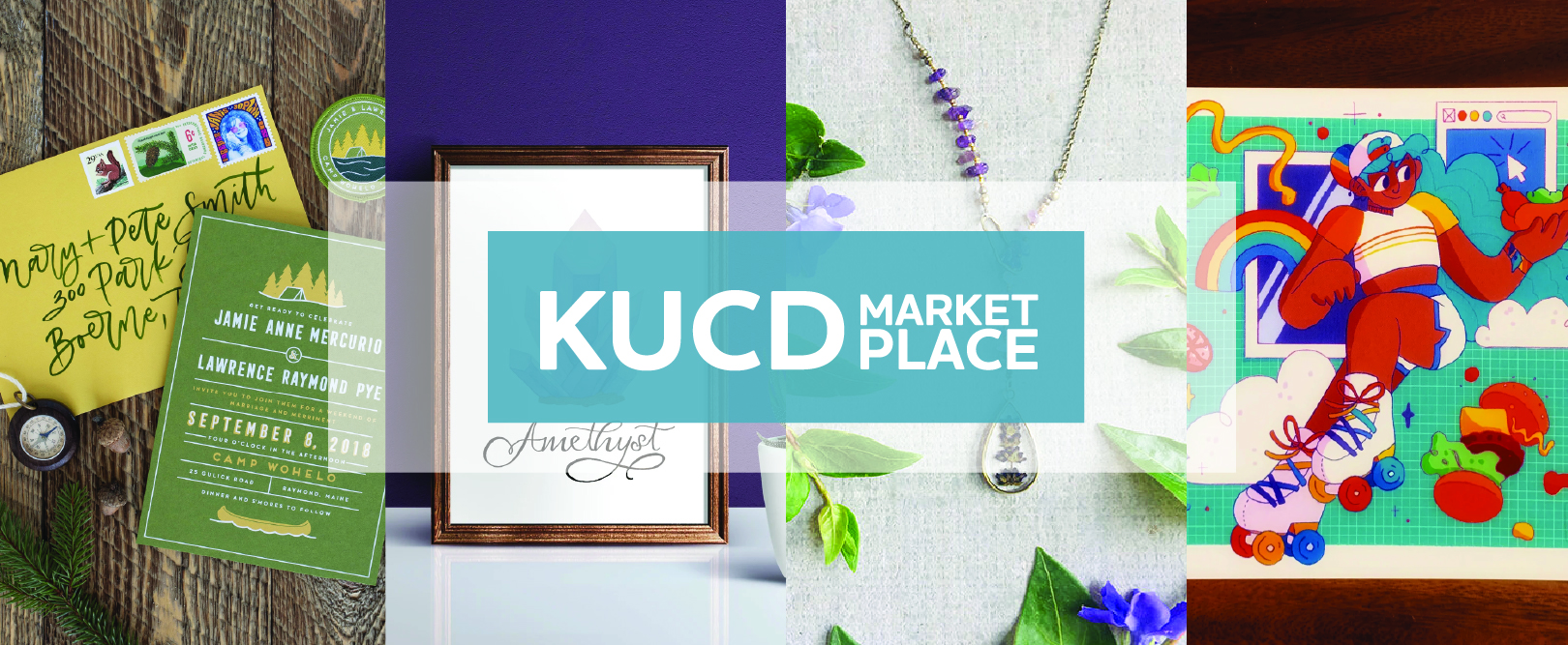 KUCD Marketplace banner showcasing handmade crafts, jewelry, wedding invitations, and digital art from local artisans